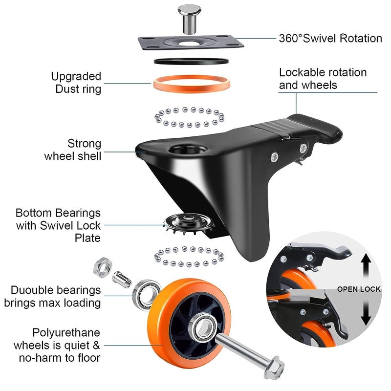 TAYLOON 5 Inch Caster Wheels with Safety Brake 2400Lbs, Heavy Duty Casters Set of 4, Industrial Swivel Casters with Double Ball Bearings, Polyurethane No Noise Wheels for Cart,Furniture(Hardware Include) - Image 4